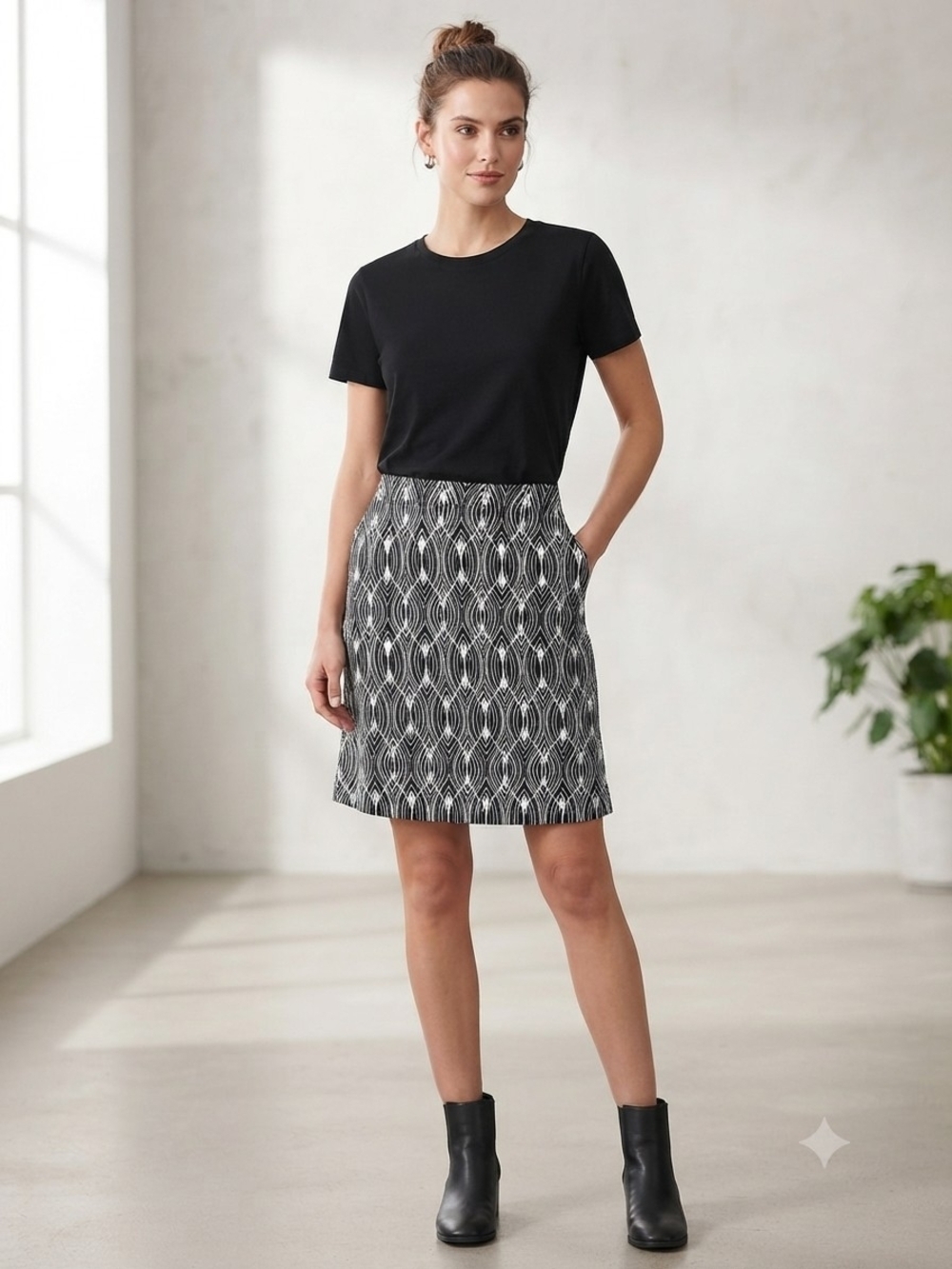 LOFT Black & White Patterned A-Line Mini Skirt